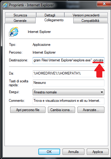 Avviare IE in modalità InPrivate Browising